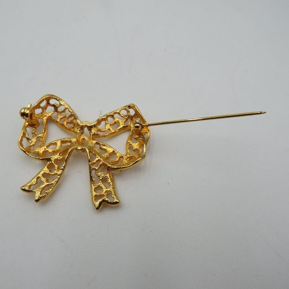 Vintage Ribbon Bow Gold Ton 1.5" Lacey Cut Out Brooch Pin - Picture 5 of 9